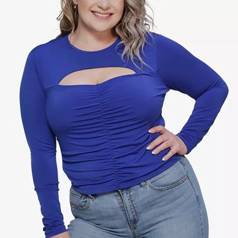 Just Polly Trendy Plus Size Ruched Cutout Top